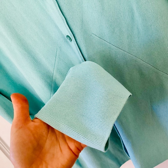 August Silk Rayon Blend Micro Rib Cardigan Women’s L Light Blue Feminine Preppy - Picture 8 of 13